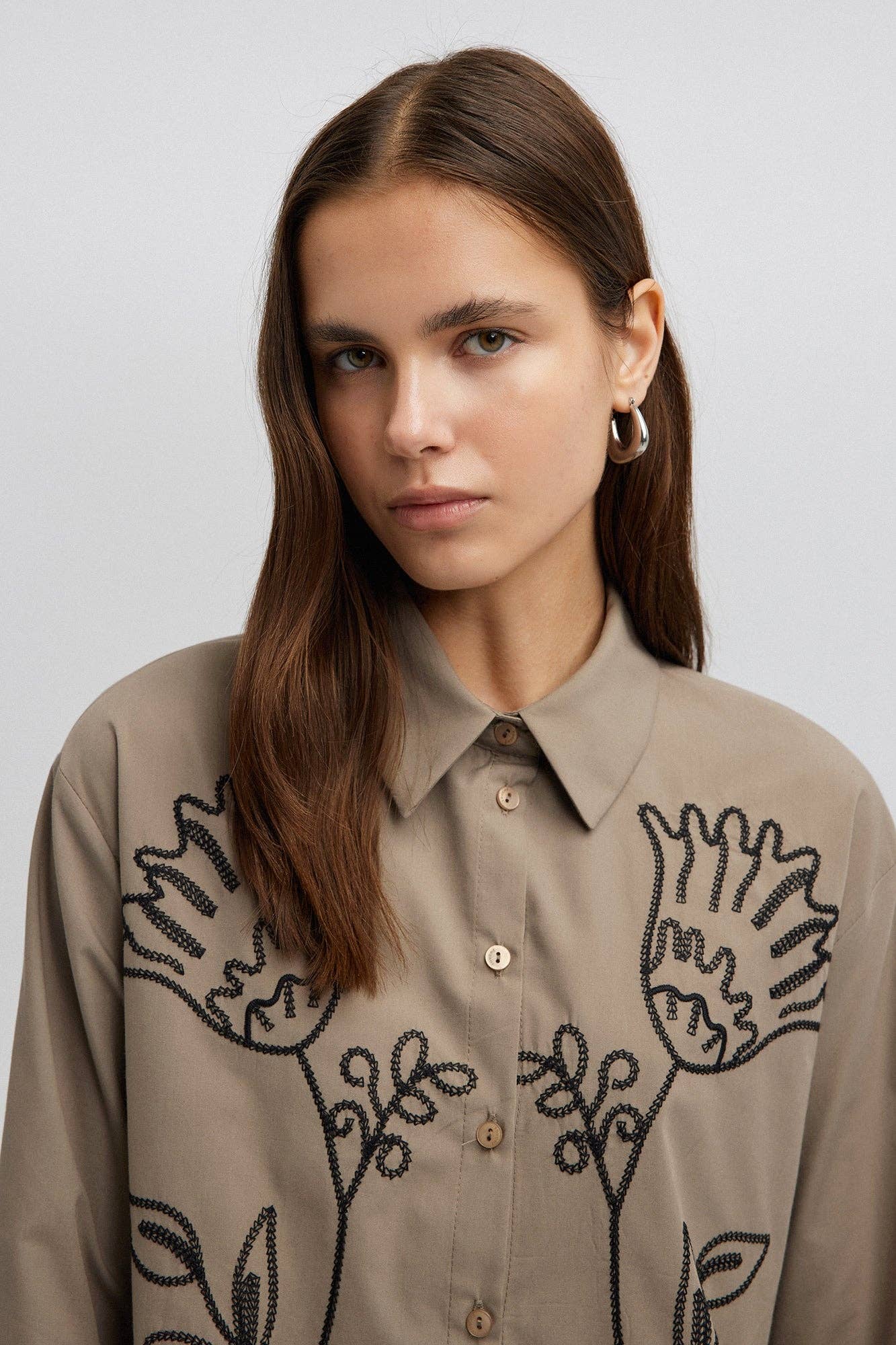 Contrast Embroidered Shirt in Beige - Just Cool Beans