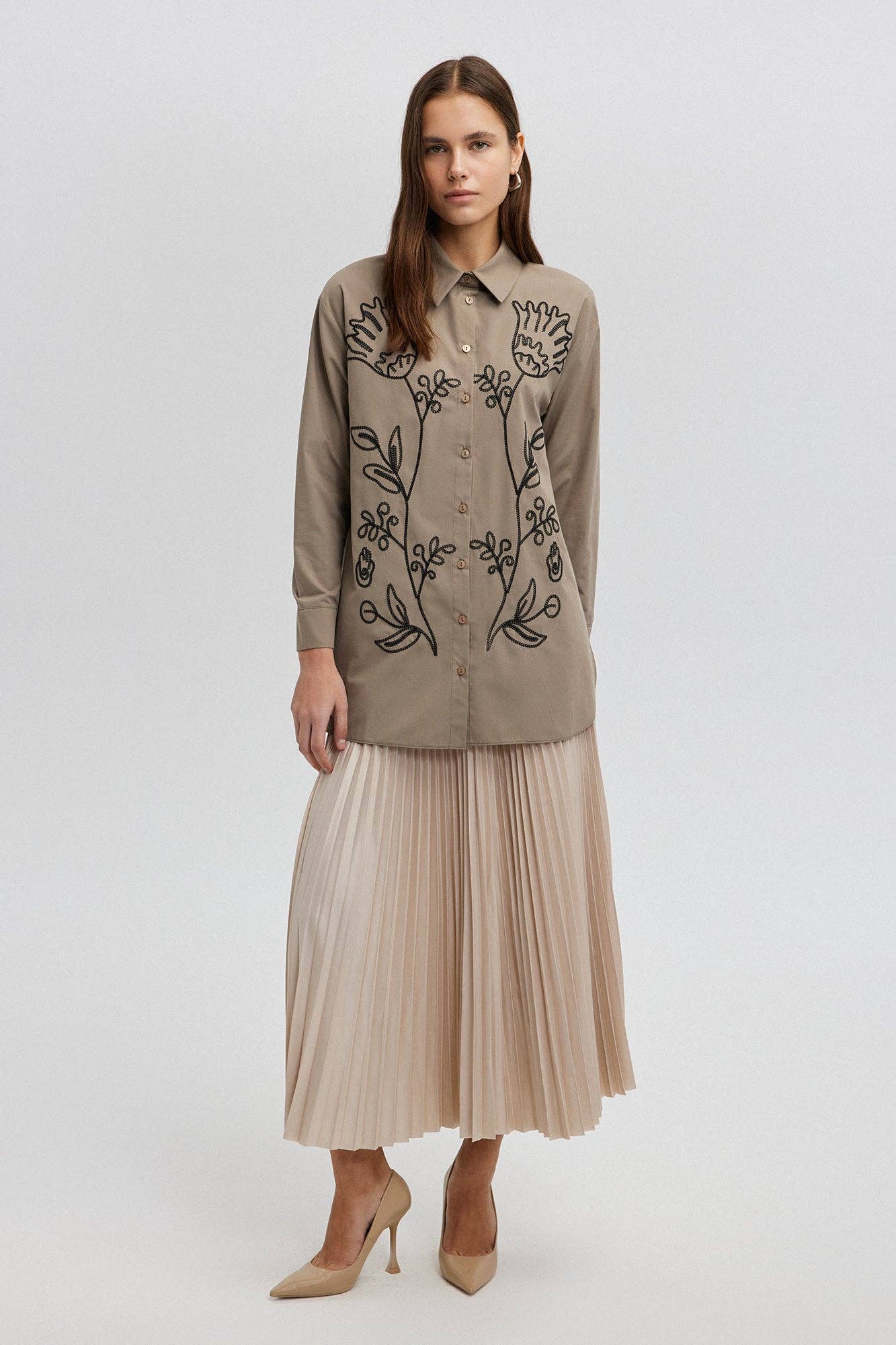 Contrast Embroidered Shirt in Beige - Just Cool Beans