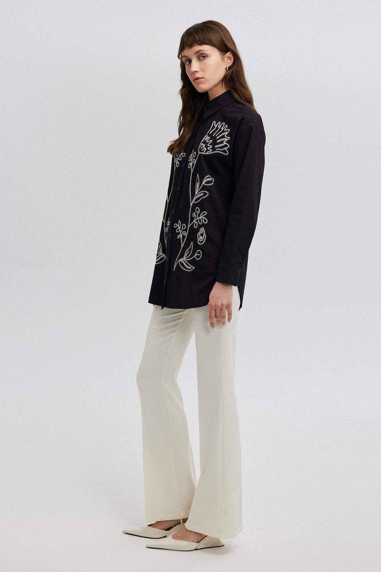 Contrast Embroidered Shirt in Black - Just Cool Beans