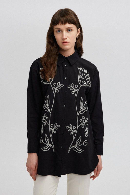 Contrast Embroidered Shirt in Black - Just Cool Beans