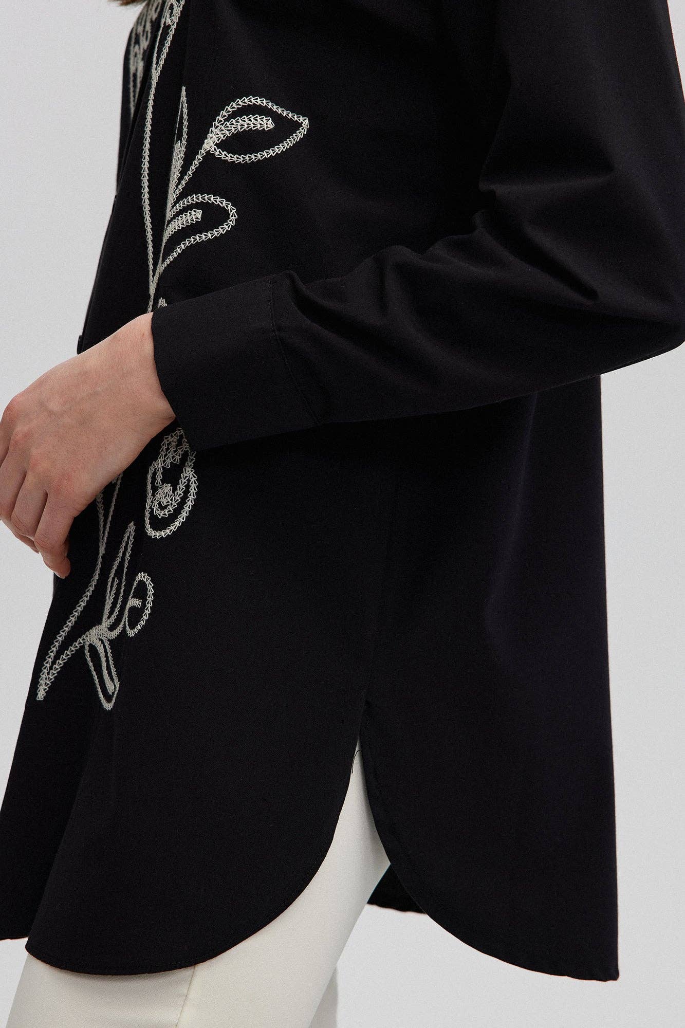 Contrast Embroidered Shirt in Black - Just Cool Beans