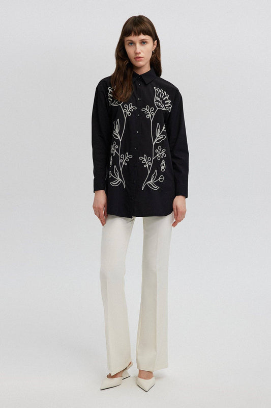 Contrast Embroidered Shirt in Black - Just Cool Beans