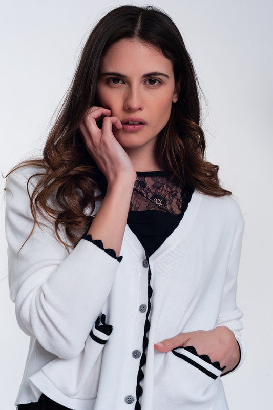 Contrast trim cardigan in white | Just Cool Beans — sweaters | tops