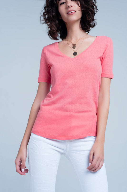 Coral t-shirt with v-neck | Just Cool Beans — tops