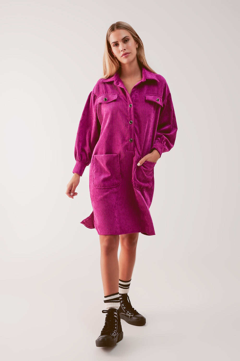 Cord mini shirt dress in fuchsia | Just Cool Beans — dresses