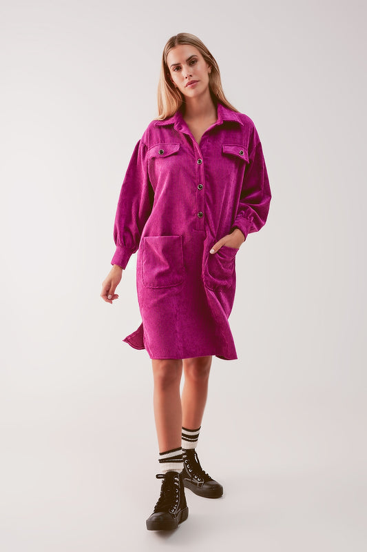 Cord mini shirt dress in fuchsia | Just Cool Beans — dresses