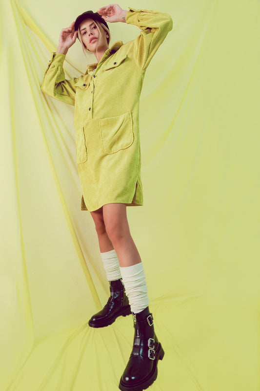Cord mini shirt dress in lime | Just Cool Beans — dresses