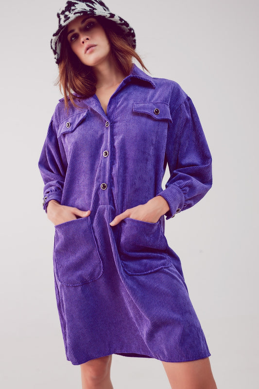 Cord mini shirt dress in purple | Just Cool Beans — dresses