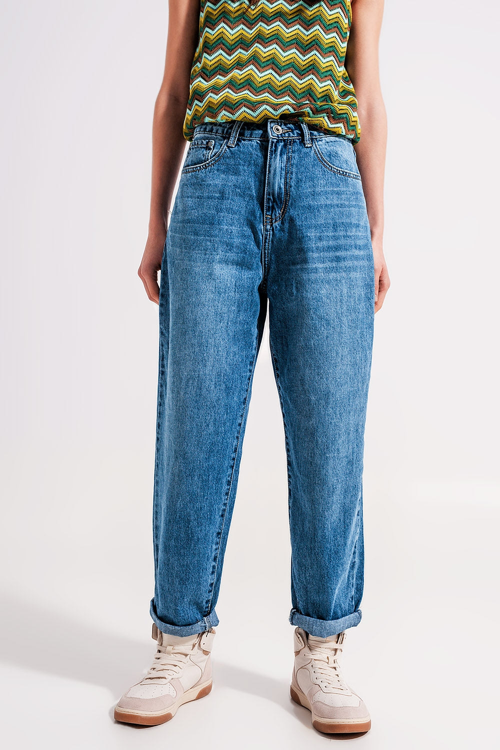Cotton high waist mom jeans in medium blue | Just Cool Beans — jeans | the denim shop