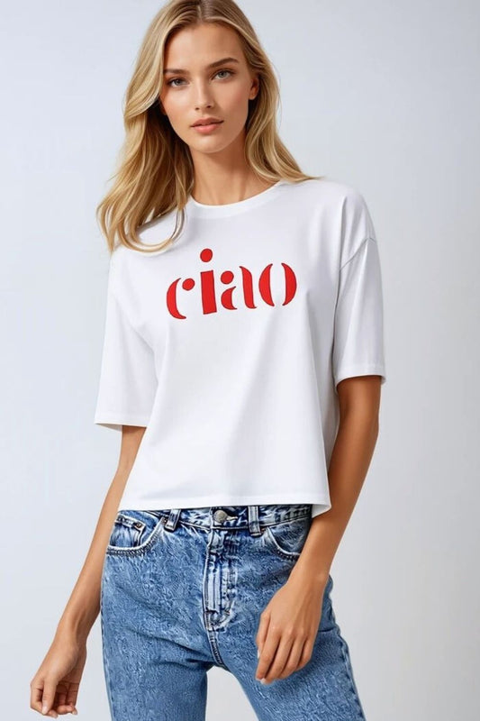 Cotton t-shirt made in italy with ciao logo in red | Just Cool Beans — tops
