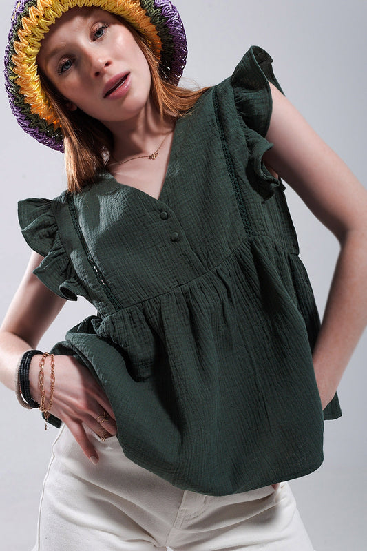 Cotton tank top with ruffle sleeves in khaki | Just Cool Beans — shirts | tops