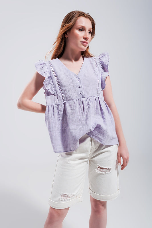 Cotton tank top with ruffle sleeves in lilac | Just Cool Beans — shirts | tops