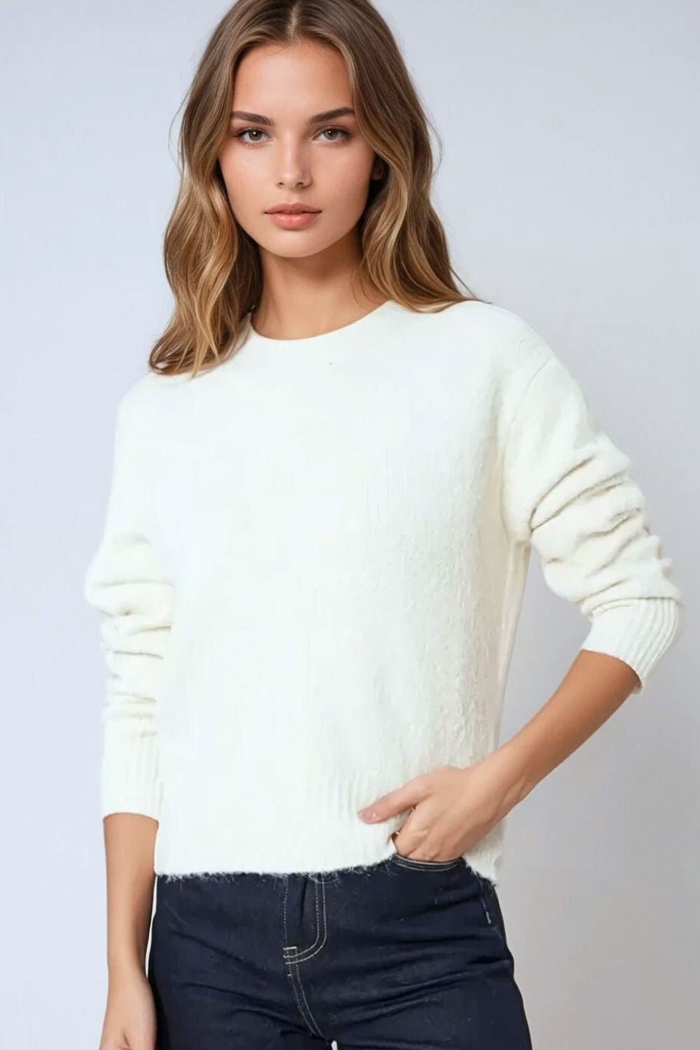 Cozy basic crew neck knitted sweater in cream | Just Cool Beans — sweaters | tops