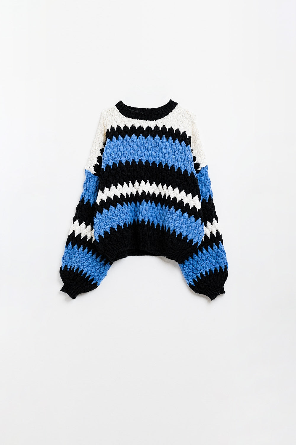 Cozy blue white and black zig zag sweater | Just Cool Beans — sweaters | tops