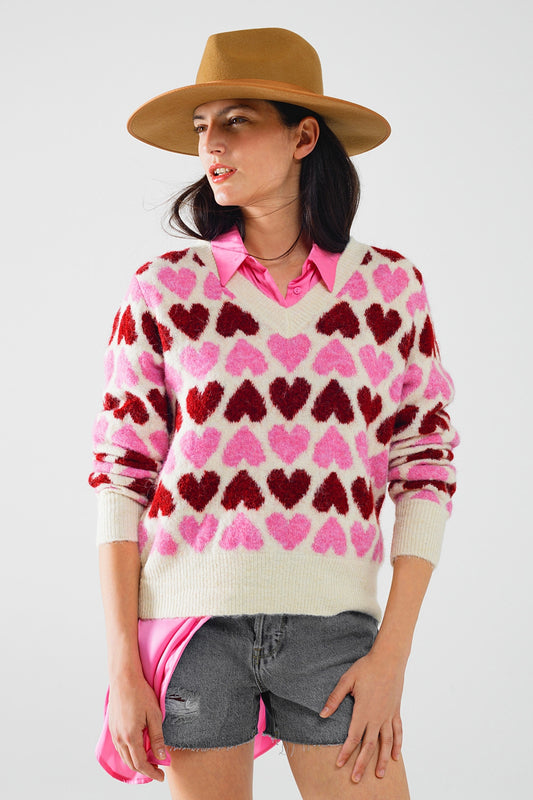 Cozy white sweater with pink hearts | Just Cool Beans — sweaters | tops
