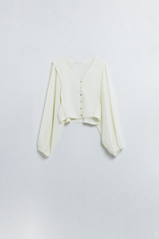 Cream blouse with balloon sleeves and frontal closure with buttons | Just Cool Beans — sweaters | tops