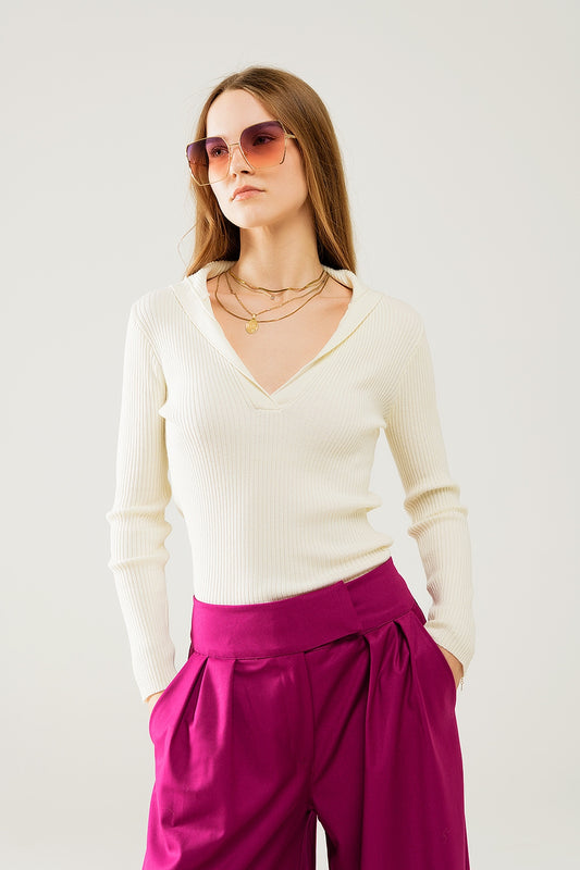Cream collared rib sweater with long sleeves | Just Cool Beans — sweaters | tops