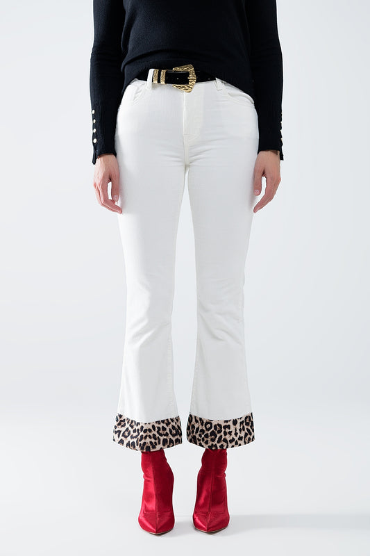 Cream corduroy flare pants with leopard print at the bottom | Just Cool Beans — pants | bottoms