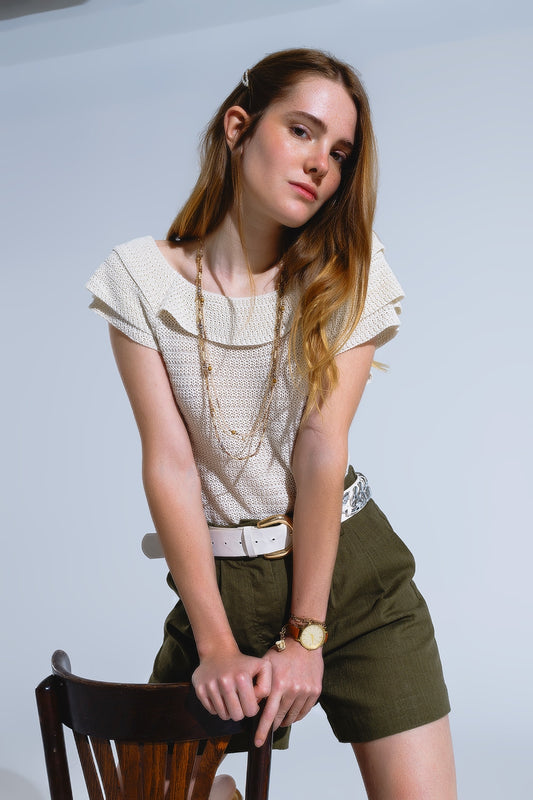 Cream croched short sleeve sweater with boat neck | Just Cool Beans — sweaters | bottoms