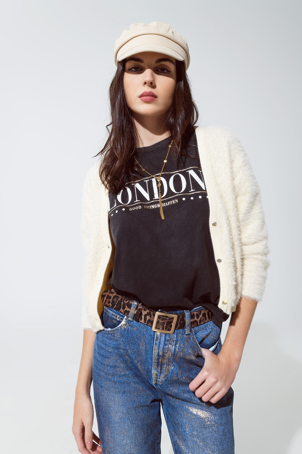 Cream fluffy cardigan with silver buttons | Just Cool Beans — sweaters | tops