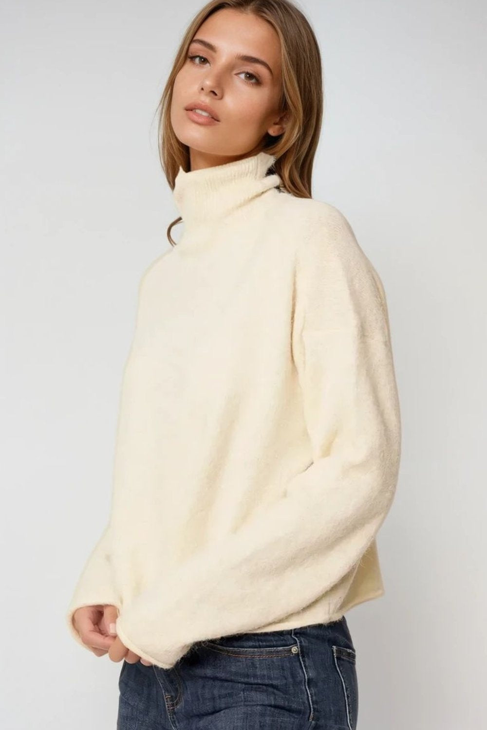 Cream fluffy high neck relax fit sweater | Just Cool Beans — sweaters | tops