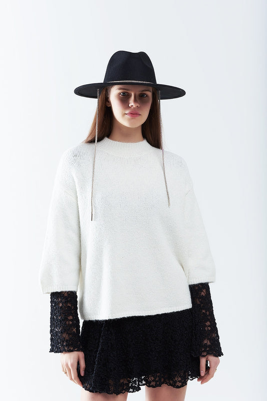 Cream fluffy sweater with three-quarter sleeves and round neck | Just Cool Beans — sweaters | tops