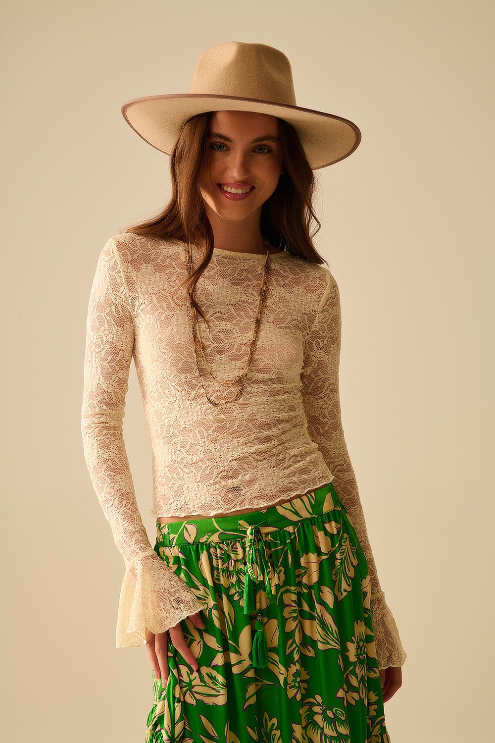 Cream lace top with long flared sleeves and ruffles | Just Cool Beans — tops