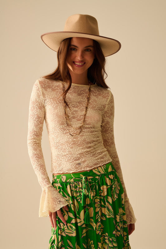 Cream lace top with long flared sleeves and ruffles | Just Cool Beans — tops