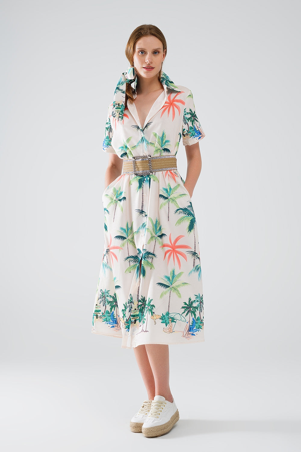 Cream midi dress with beach print and polo collar | Just Cool Beans — dresses