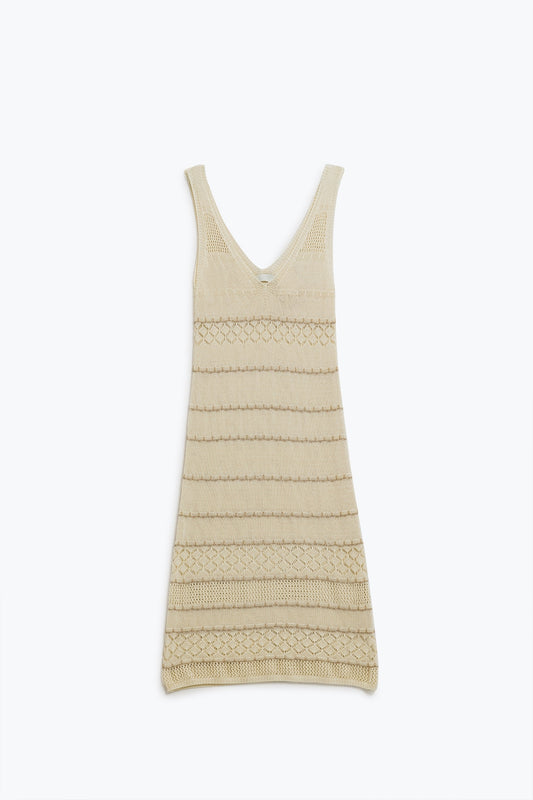 Cream midi sleeveless dress with v-neck and crochet design | Just Cool Beans — dresses