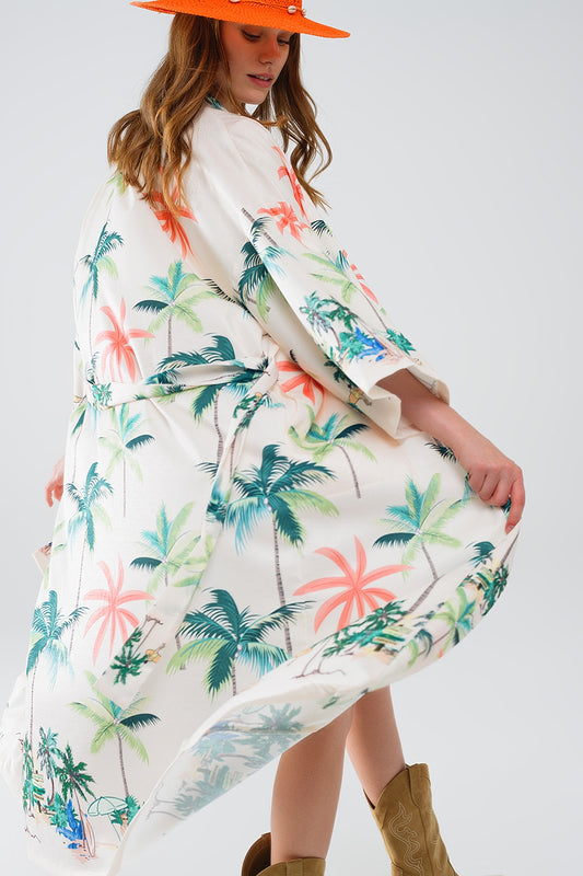 Cream open kimono with beach print in midi length | Just Cool Beans — coats and jackets | jackets