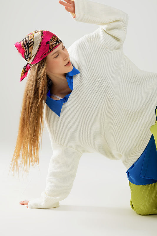 Cream oversized knit sweater with v neck | Just Cool Beans — sweaters | tops