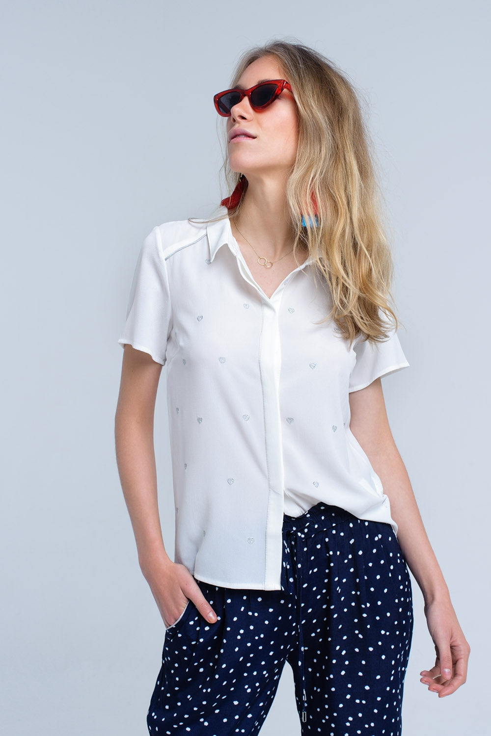 Cream shirt with heart embroidery | Just Cool Beans — shirts | nan