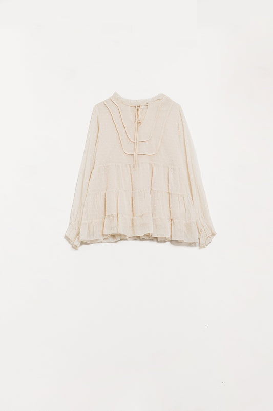 Cream shirt with ruched deisgn and long sleeves | Just Cool Beans — shirts | nan