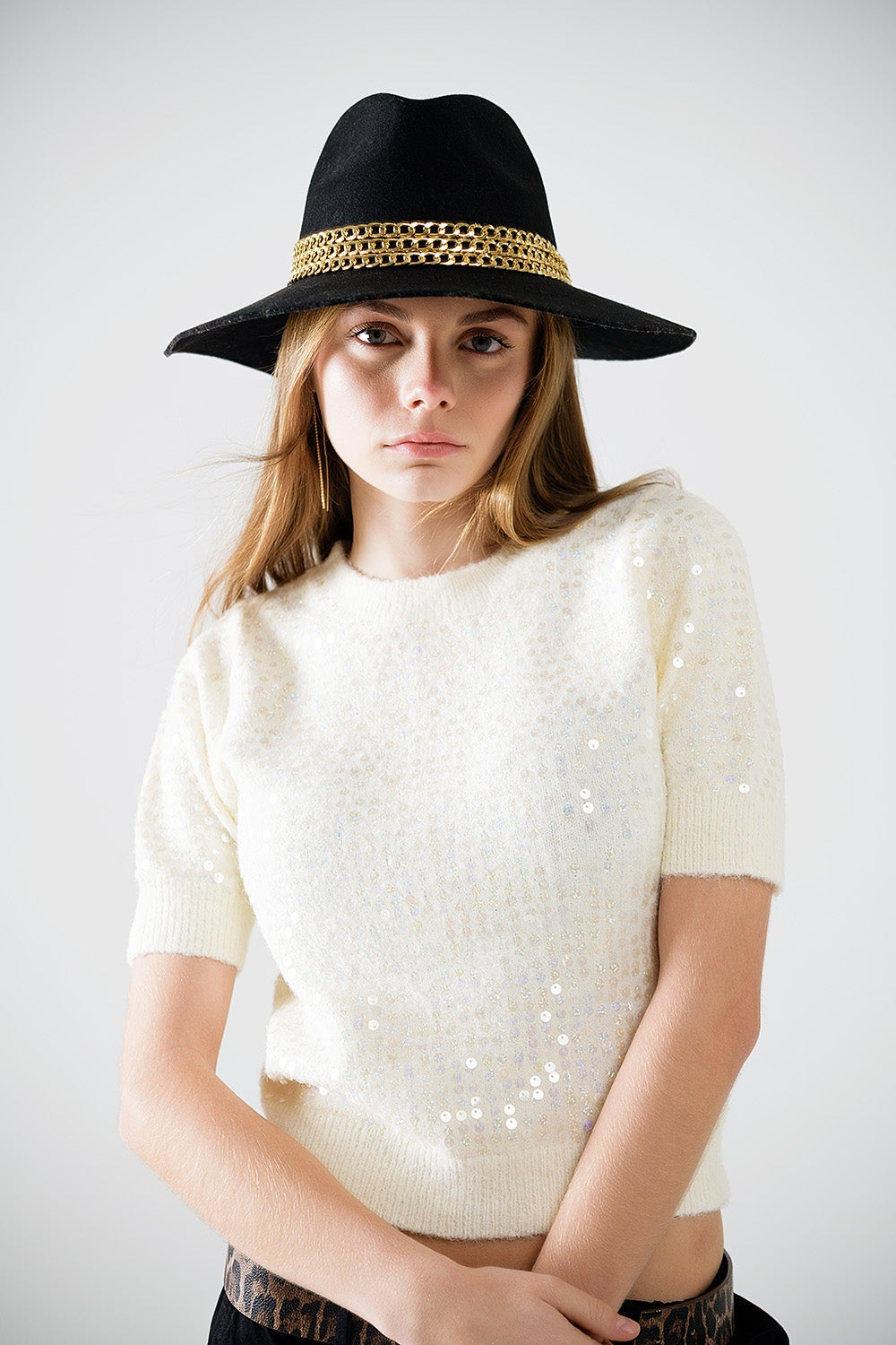 Cream short sleeve sequin sweater | Just Cool Beans — sweaters | bottoms