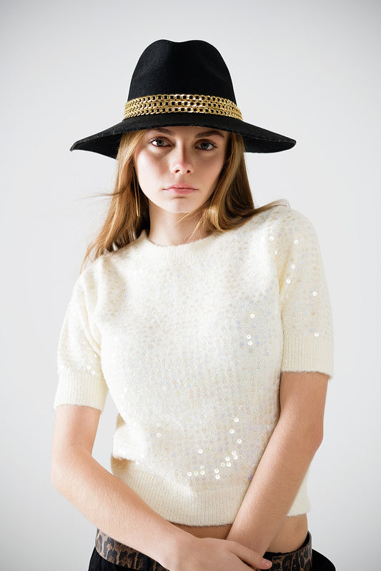 Cream short sleeve sequin sweater | Just Cool Beans — sweaters | bottoms