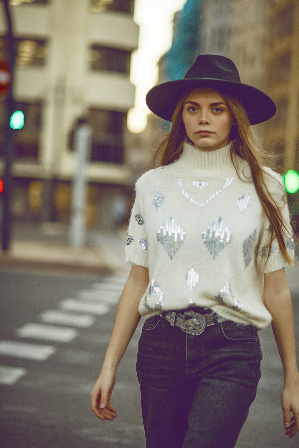 Cream short sleeve sweater with sequin embellishment | Just Cool Beans — sweaters | bottoms