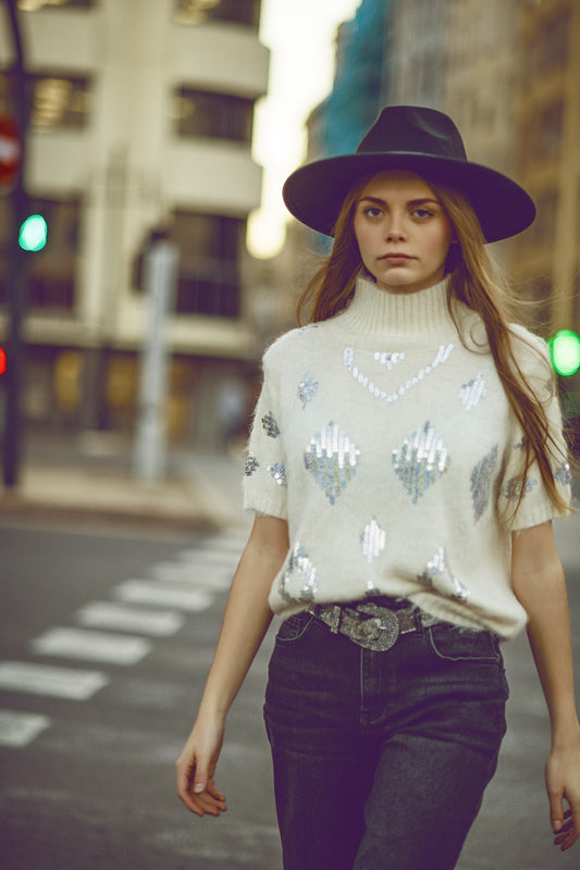 Cream short sleeve sweater with sequin embellishment | Just Cool Beans — sweaters | bottoms