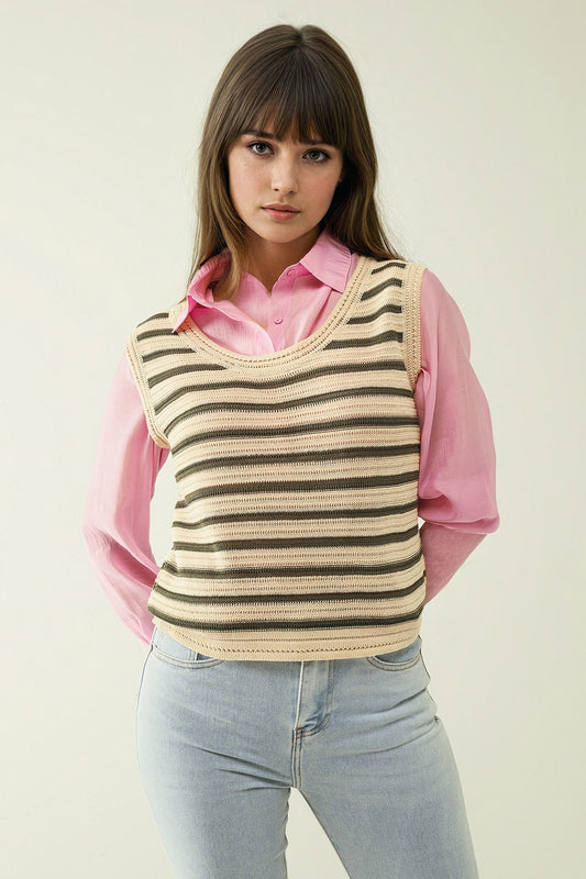 Cream sleeveless knit top with khaki stripes | Just Cool Beans — sweaters | tops