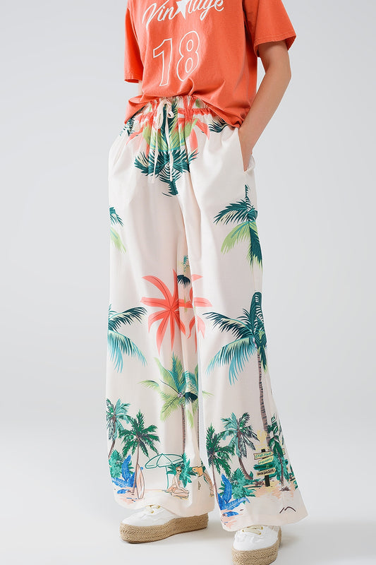 Cream straight leg pants with beach print and elastic waist | Just Cool Beans — pants | bottoms