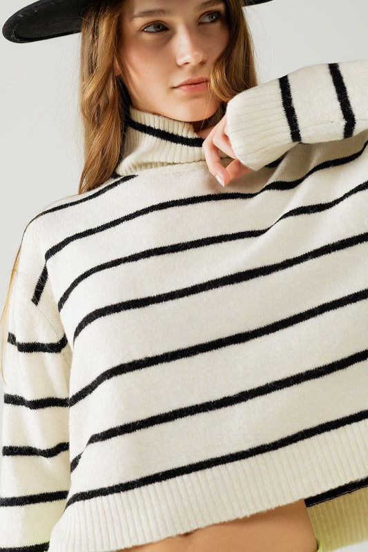 Cream striped sweater in black with high neck | Just Cool Beans — sweaters | tops