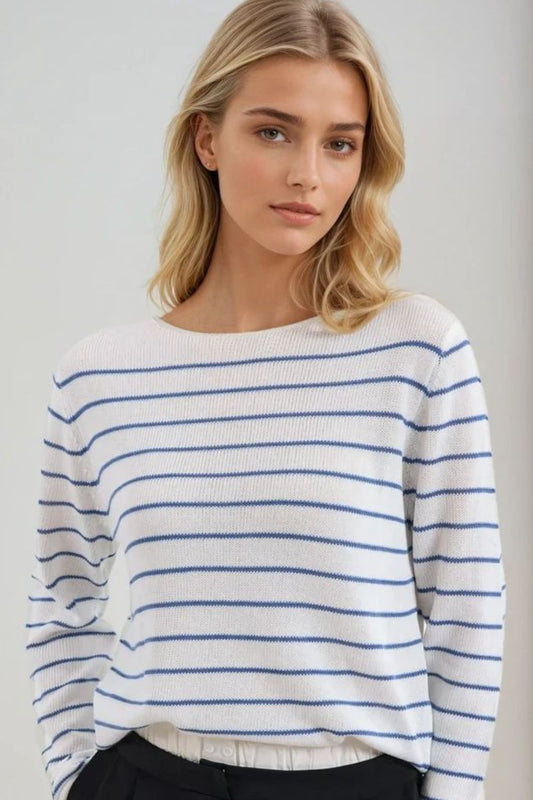 Cream sweater with blue stripes made of fine knit | Just Cool Beans — sweaters | tops