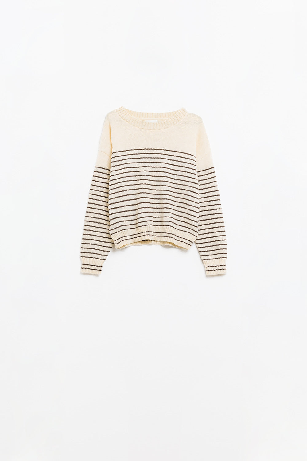 Cream sweater with brown stripes and boat neck | Just Cool Beans — sweaters | tops