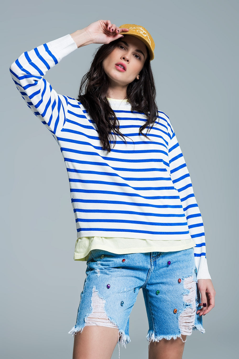 Crew neck basic stripe sweater in blue | Just Cool Beans — sweaters | tops
