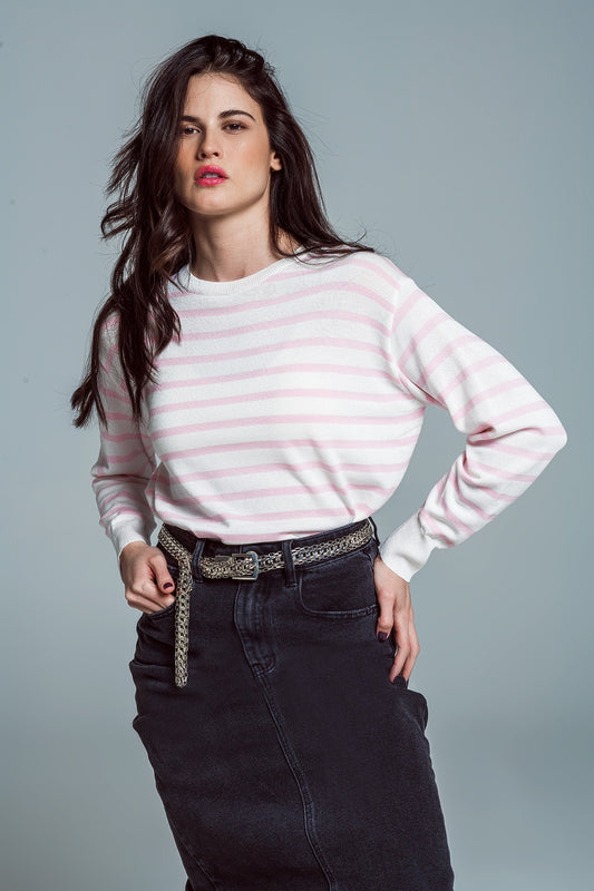 Crew neck basic stripe sweater in pink | Just Cool Beans — sweaters | tops