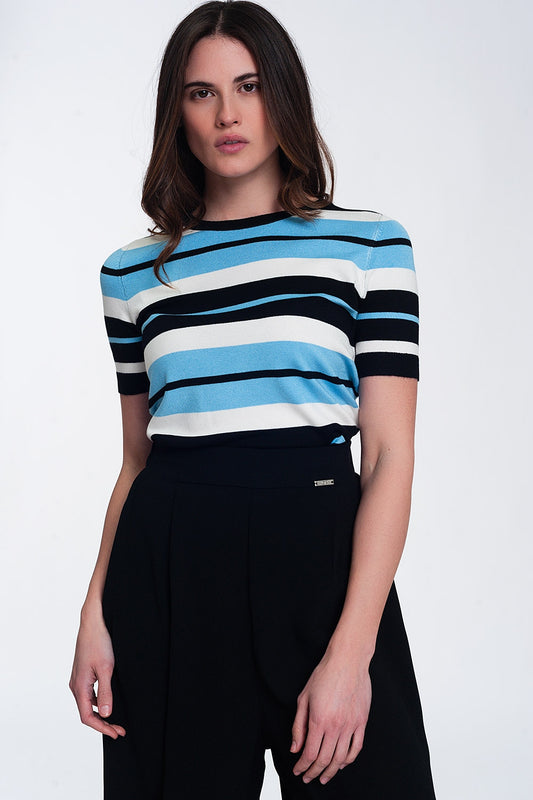 Crew neck boxy jumper with multi stripes in blue | Just Cool Beans — sweaters | tops