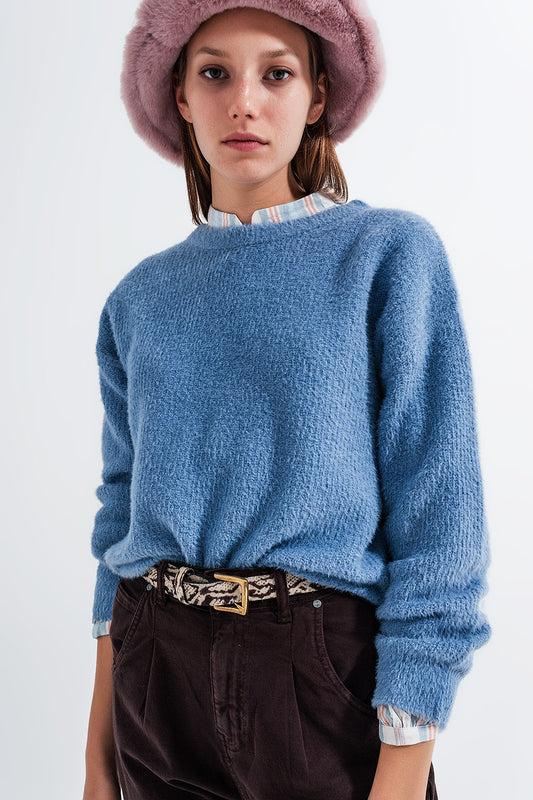 Crew neck jumper in rib with fluffy yarn in blue | Just Cool Beans — sweaters | tops