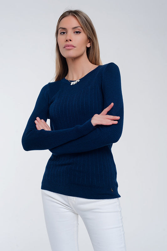 Crew neck ribbed sweater in navy | Just Cool Beans — sweaters | tops