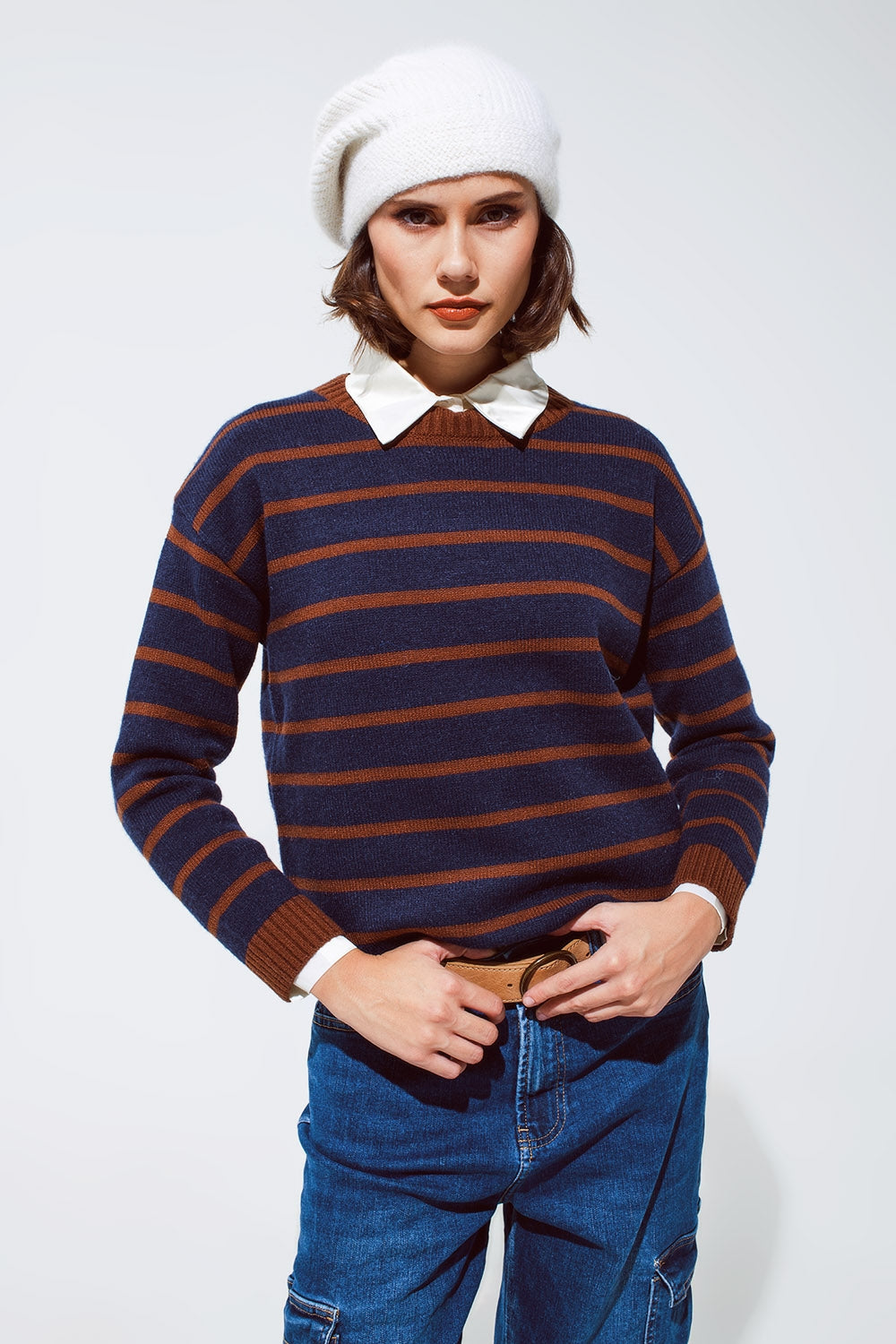 Crew neck stripy sweater in navy and rust orange | Just Cool Beans — sweaters | tops