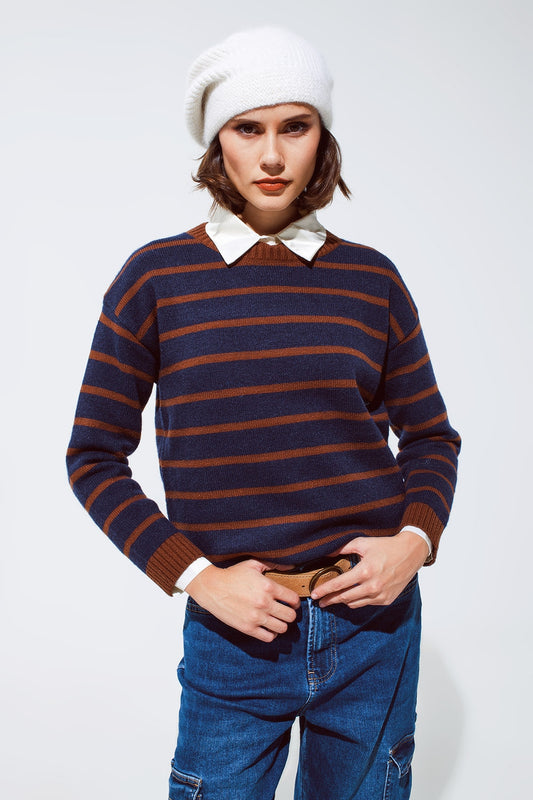 Crew neck stripy sweater in navy and rust orange | Just Cool Beans — sweaters | tops